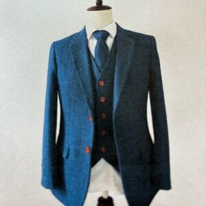 Custom Made Men’s Blue Herringbone Tweed Jacket, vest, and tie.